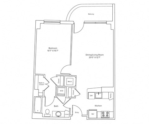 Floor plan for 1 bed, 1 bath, 737 sqft